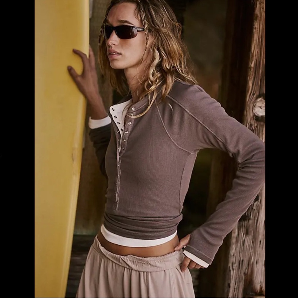 Free People Kickoff Solid Layer Henley Driftwood - image 1
